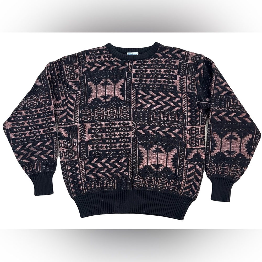 MEISTER Geometric Apres Ski Knit Sweater Mens L Black Beige Vintage 80s